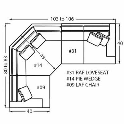 Layout K: Three Piece Sectional 80" x 103" (Size varies due to arm selection)