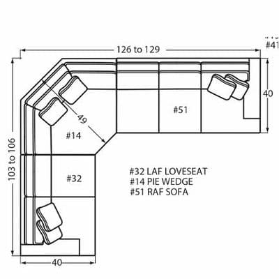 Layout N: Three Piece Sectional 103" x 126" (Size varies due to arm selection)