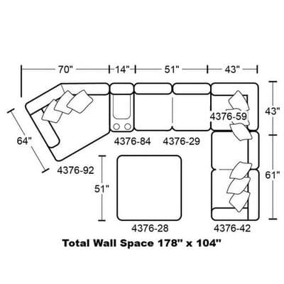 Layout J:  Five Piece Sectional (Ottoman not included) 64" x 178" x 104"